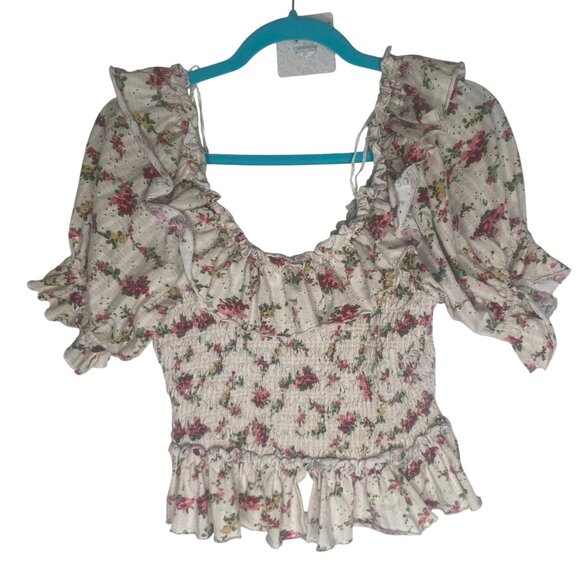 Free People Favorite Top Womens S‎ Pink Floral Smocked Ruffled Peasant Feminine - Picture 7 of 15